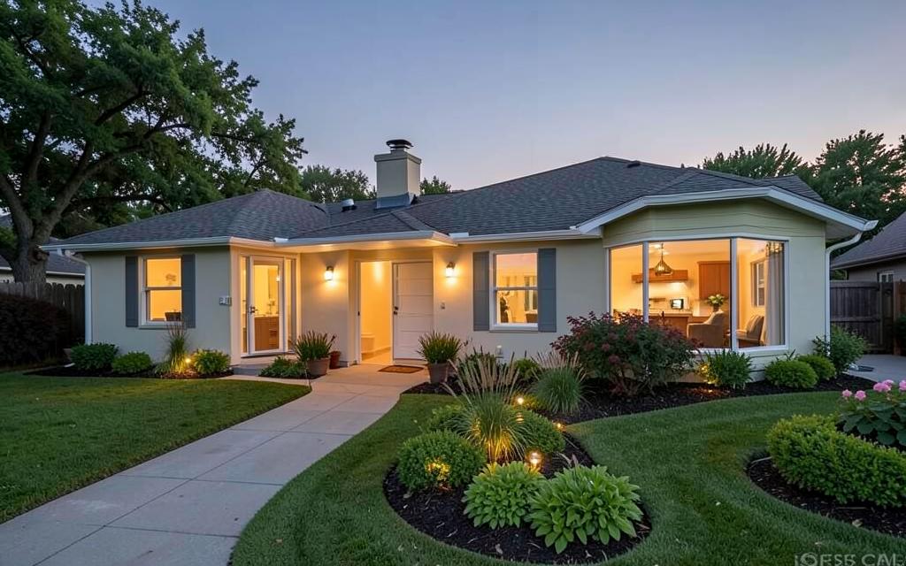 Renovated single story house with new addition and landscaping at dusk