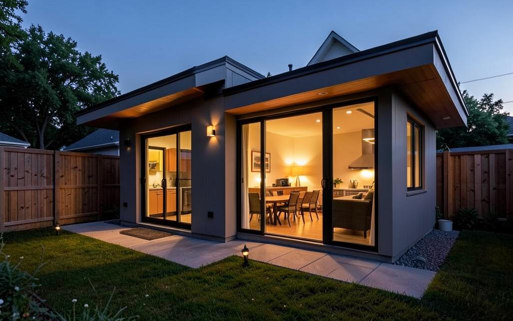 Modern backyard ADU studio with warm interior glow at dusk