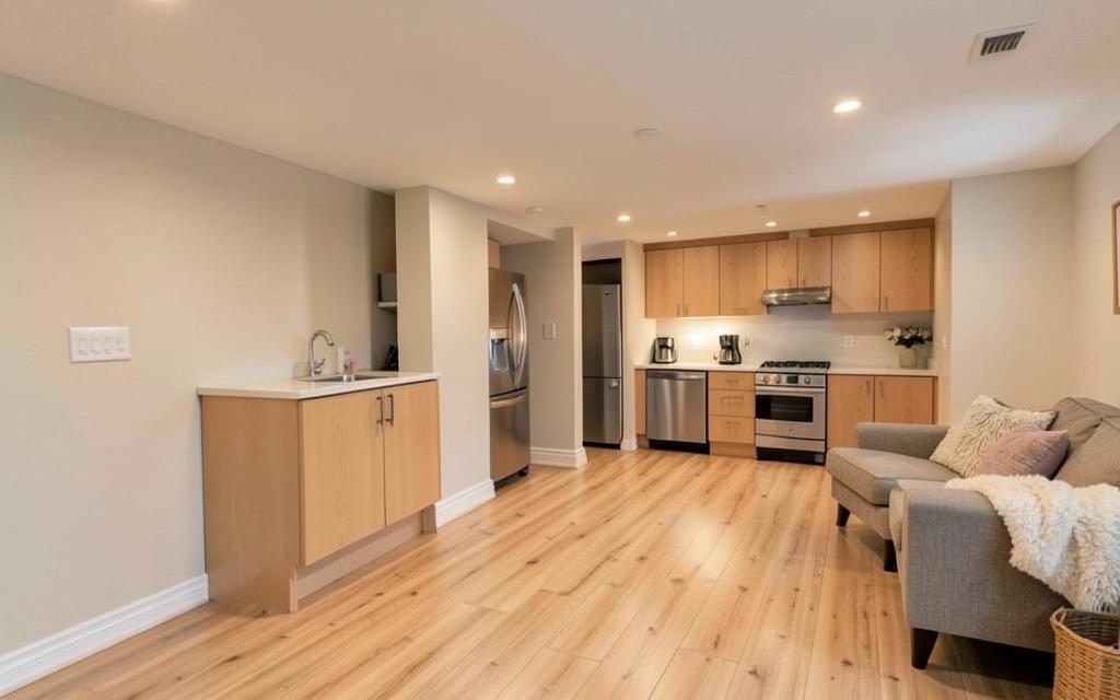 Finished basement apartment with wood floors and modern kitchen