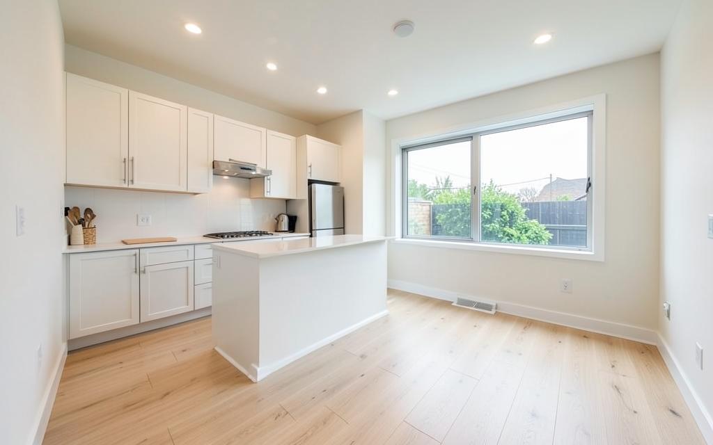 Finished garage conversion studio with kitchenette and wood floors