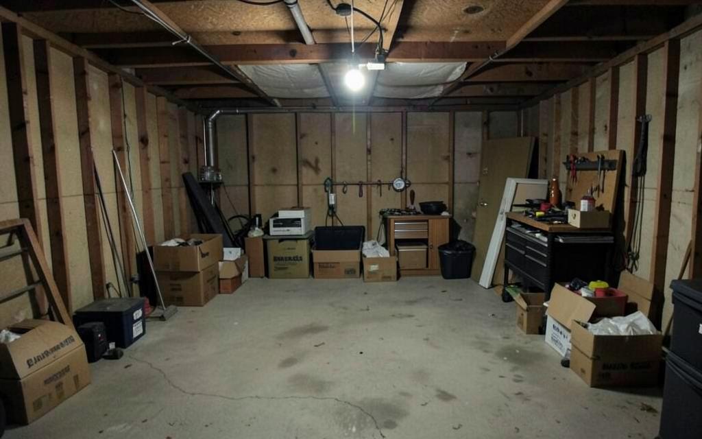 Cluttered unfinished garage interior before conversion